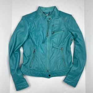 VTG Y2K Leather Biker Jacket in Teal Wilson's Women's Medium Twee Moto